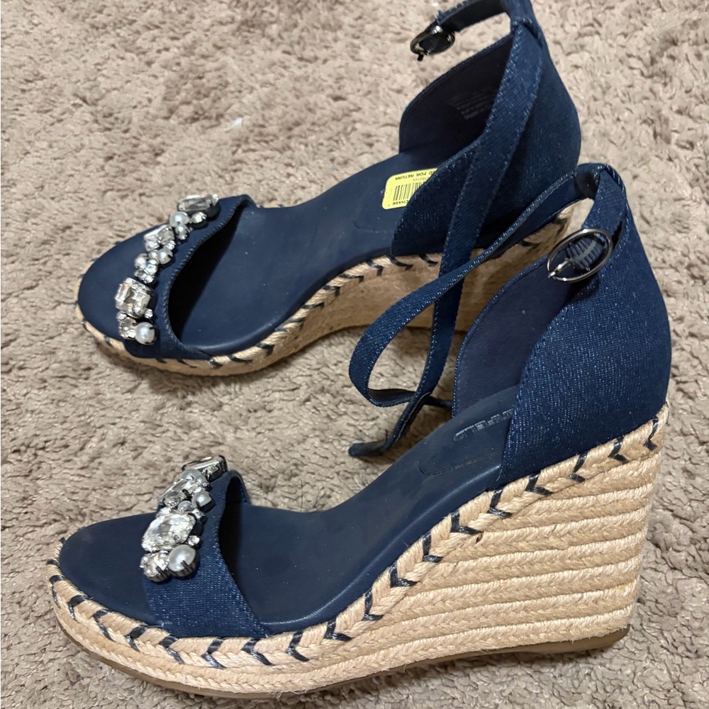 Karl Lagerfeld Navy Platform Wedges with Rhinestones